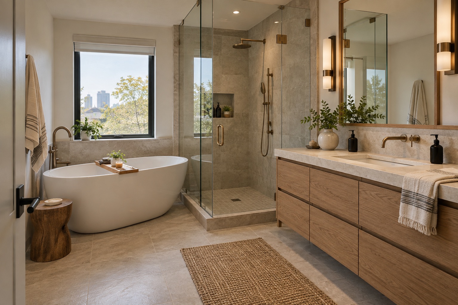 Warm contemporary bathroom with freestanding tub, oak vanity and glass shower