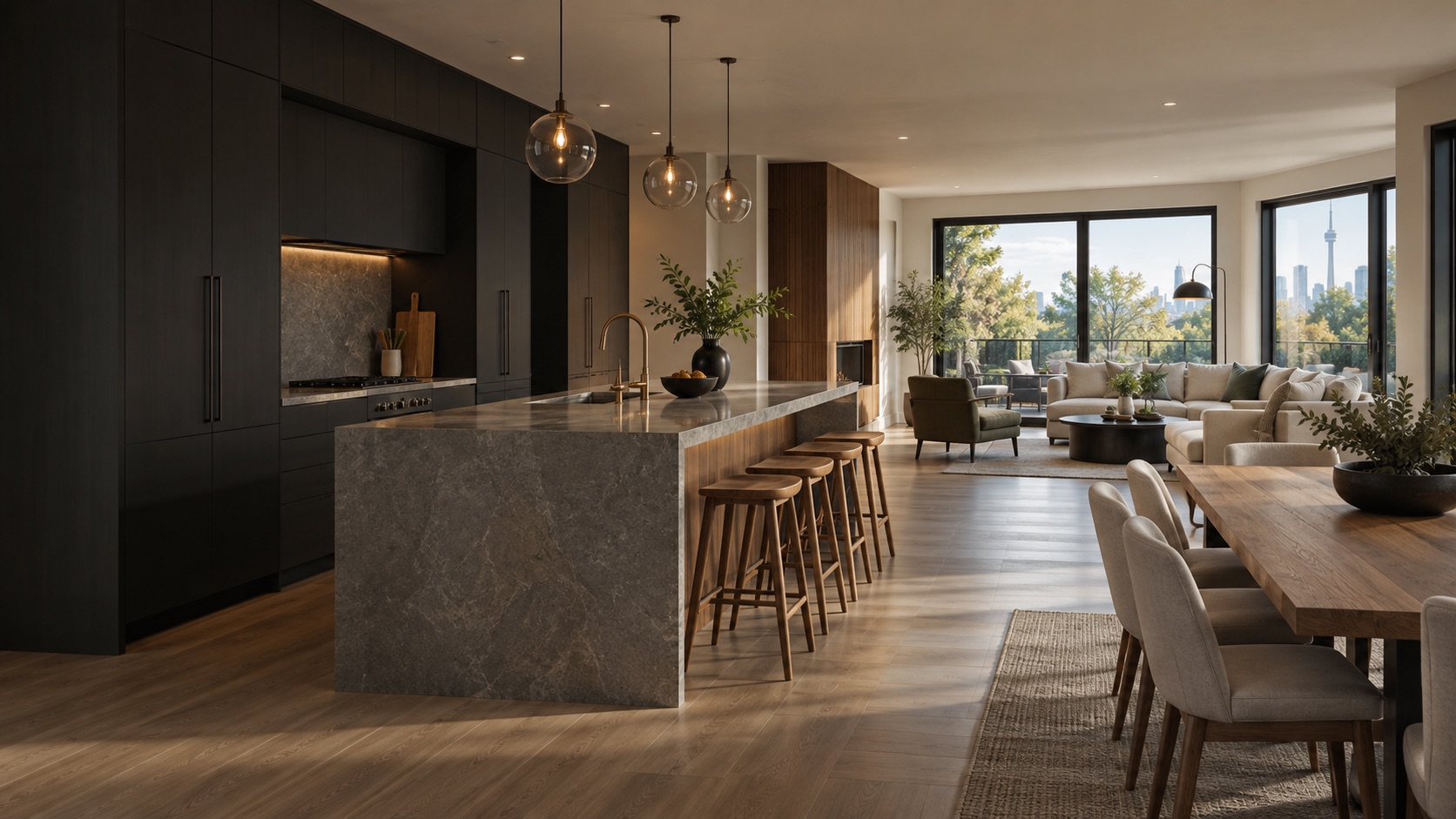 Contemporary open-plan home interior with warm oak, charcoal accents and natural stone